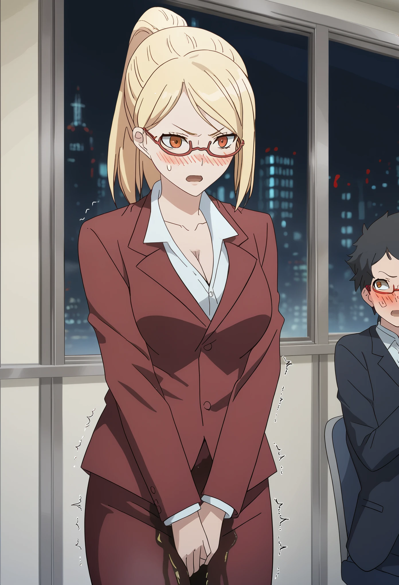 source_anime, score_7_up, 1girl, woman, (wetting self:1.75), desperation, huge breasts, kaede akiyama, blonde hair, ponytail, orange eyes, glasses, semi-rimless eyewear, red-framed eyewear, pencil skirt, shirt, long sleeves, cleavage, jacket, (pantyhose:1.5), collared shirt, miniskirt, red skirt, formal, skirt suit, embarrassed, humiliation, blushing, angry, open mouth, trembling, indoors, office, window, cityscape