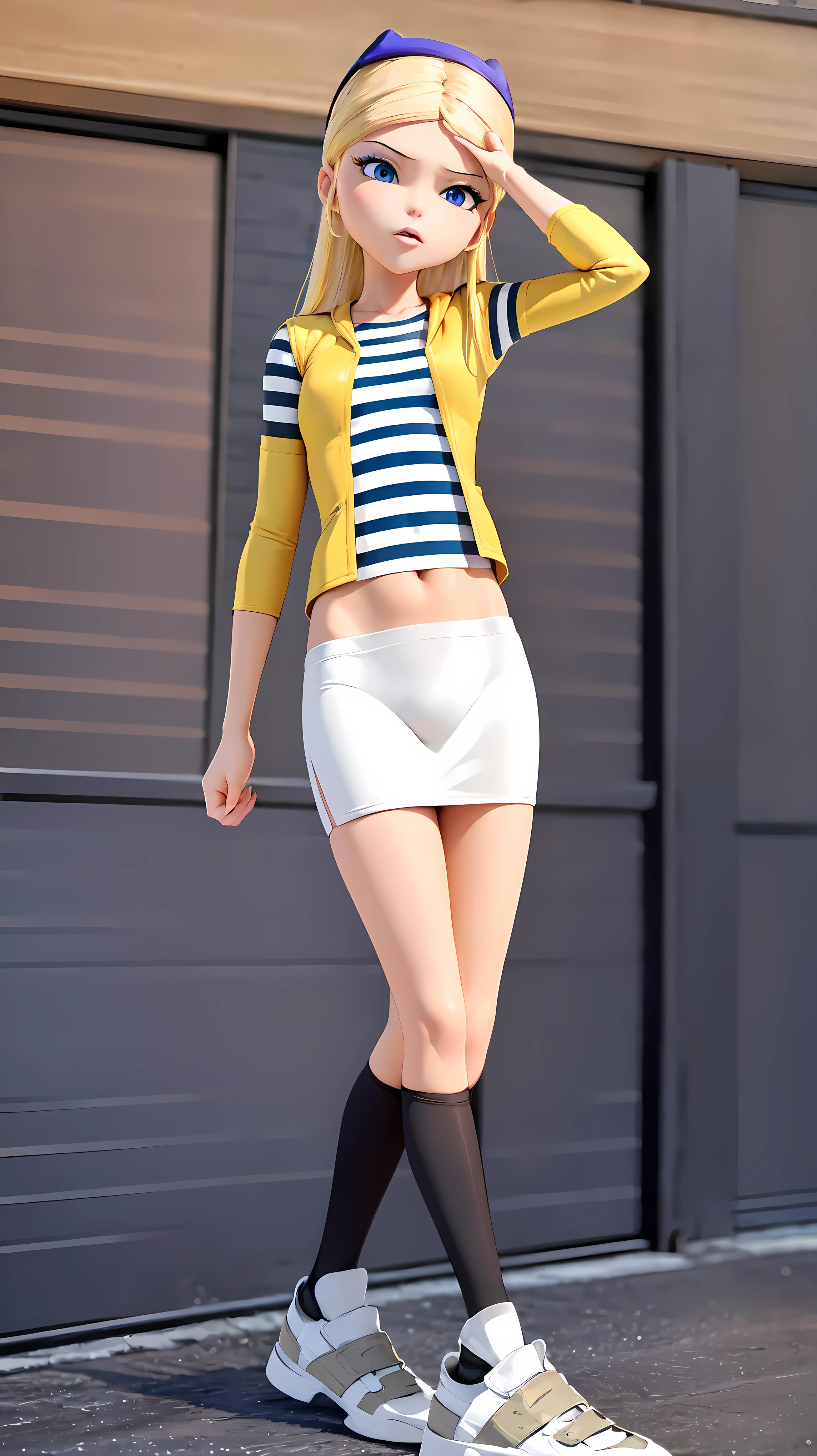 (8k, RAW photo, best quality, masterpiece:1.2), (intricate details), highres, perfect eyes, perfect face, perfect lighting, beautiful, (masterpiece:1.2), (best quality:1.2), 1girl, solo, chloe, blue eyes, blonde, sunglasses on the head, yellow beanie, yellow vest, white miniskirt, black white striped shirt, long yellow socks, navel shirt, white sneakers