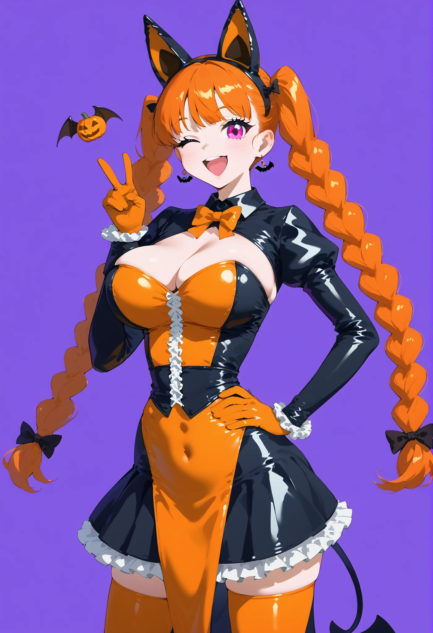 score_9, score_8_up, score_7_up, source_anime BREAK 1girl, solo, Halloween witch, twin tails, very long hair, orange hair, Her hair is styled in long braids with ribbons, fake animal ears, , pink eyes, Halloween witch gothic dress with ribbons, frilled skirt ,shrug \(clothing\), orange color gloves, latex, v, hands on hip, wide hips, large breasts, smile, open mouth, one eye closed, hand up,(Halloween vibes:1.5), pumpkins background,