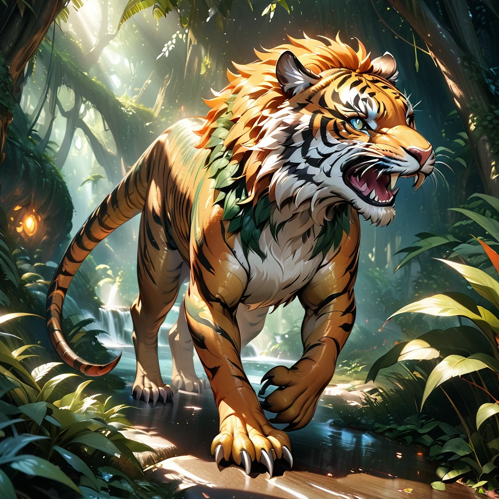 Crystal tiger striped spinosarous, 1 tiger striped dinosaur, mythological creature, fantasy art, detailed scales,very sharp teeth, claws, spikes, vibrant colors, orange glowing eyes, dynamic pose, natural environment, lush foliage, sunlight, photorealistic, 8k, high resolution, intricate details, digital painting, concept art