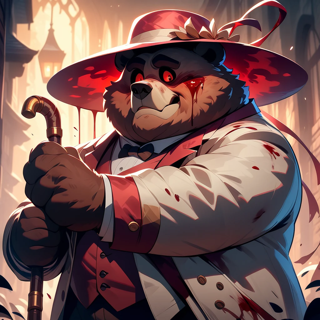 gentleman, Big overweight middle-aged bear man,  silk hat,Cane, Take a walk,  Brown Eyes , Male face, Big Face, Male Eyes ,Big Eyes, Male eyebrows, masterpiece,  best quality,  so beautiful, Absurd,Red eyes,Blood,horror art