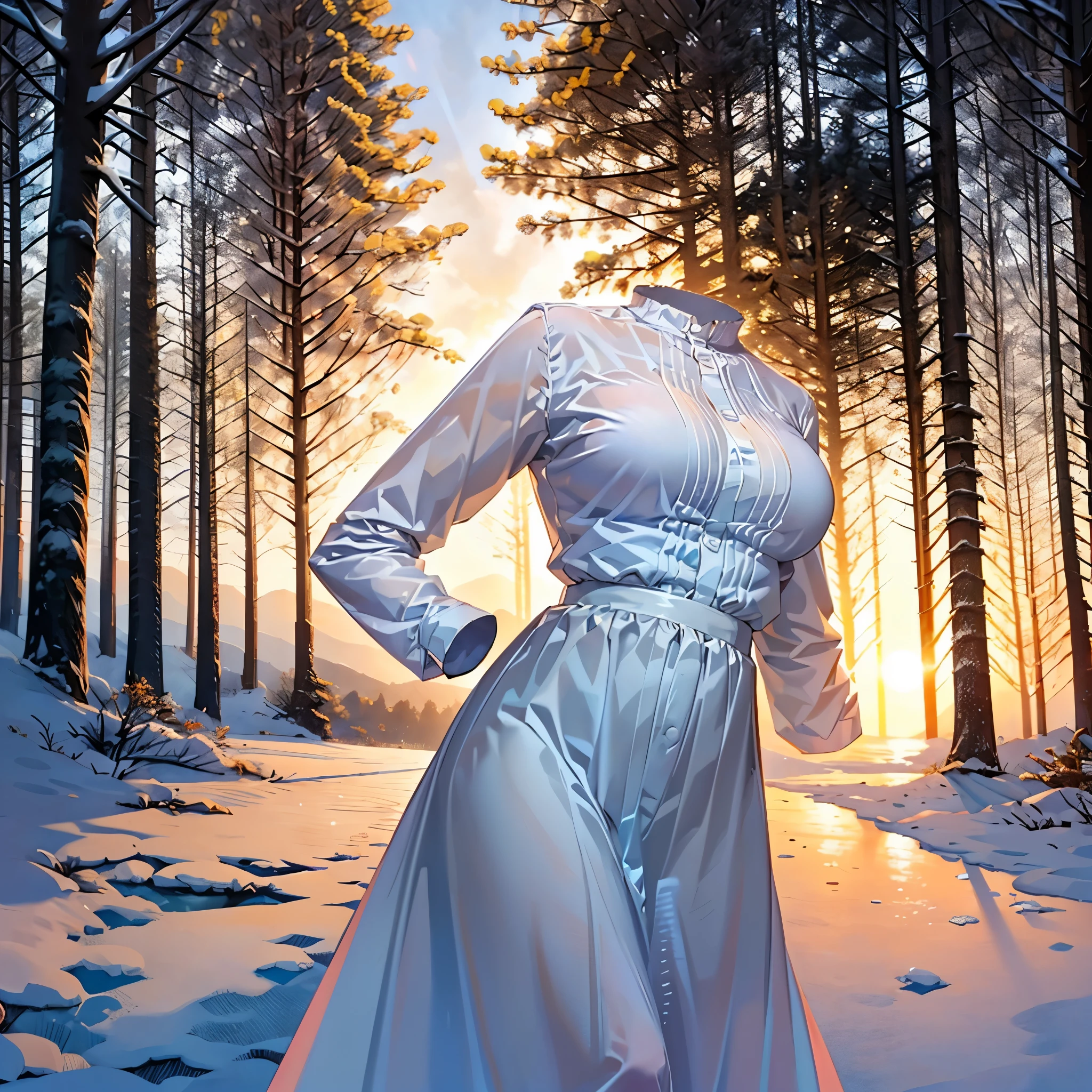 1girl, (invisible:1.5, no humans:1.5, headless:1.5, faceless:1.5), aafern, large breasts, long dress, white dress, black robe, long sleeves, (close-up shot of breasts), (8k, RAW photo, best quality, masterpiece:1.2), (realistic, photo-realistic:1.37), photon mapping, radiosity, ((Hasselblad photography)), physically-based rendering, in forest, beautiful sunset, (hands on hip), snowy day