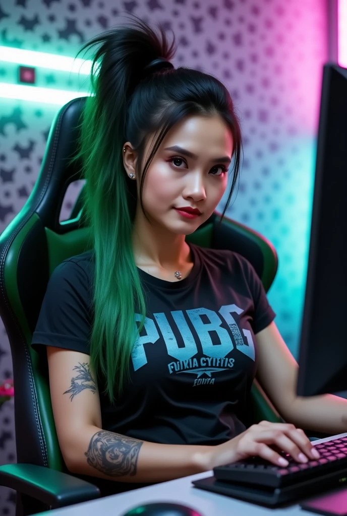 amazingly detailed, masterpiece, ultra hd, full body, dynamic angle, beautiful girl, computer gamer, gaming computer, gaming chair, playing PUBG, neon bedroom, streamer setup, an Indonesian beauty woman, cyberpunk theme, wild long hair, green hairlight hair, high detail hair, wearing headset gaming, smokey eye shadow, high detail skin, high detail eyes, seductive eyes, smokey makeup, slender body, toned body, perfect face, well-built body, (perky small breasts:1. 5), (cold attitude, eyeshadow, eyeliner:1. 6), tattoo, diamond nose stud, (PUBG Style T-Shirt), vibrant colors, beautiful, dramatic lighting, shallow depth of field, Ultra-realistic, beautiful lighting, badyiffymix41, easynegative,