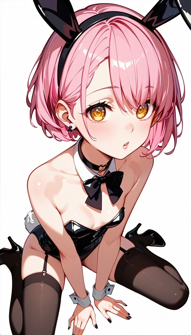  High image quality 、high quality、 one girl playing pranks、 pink hair、 short haired 、 golden eyes、Small breasts、 cleavage、 simple background、Fisheye Lens、Shooting from above、 girl looking at camera 、 face up 、Looking up、 High Heels 、 bunny girl、black stockings、 choker with small black ribbon