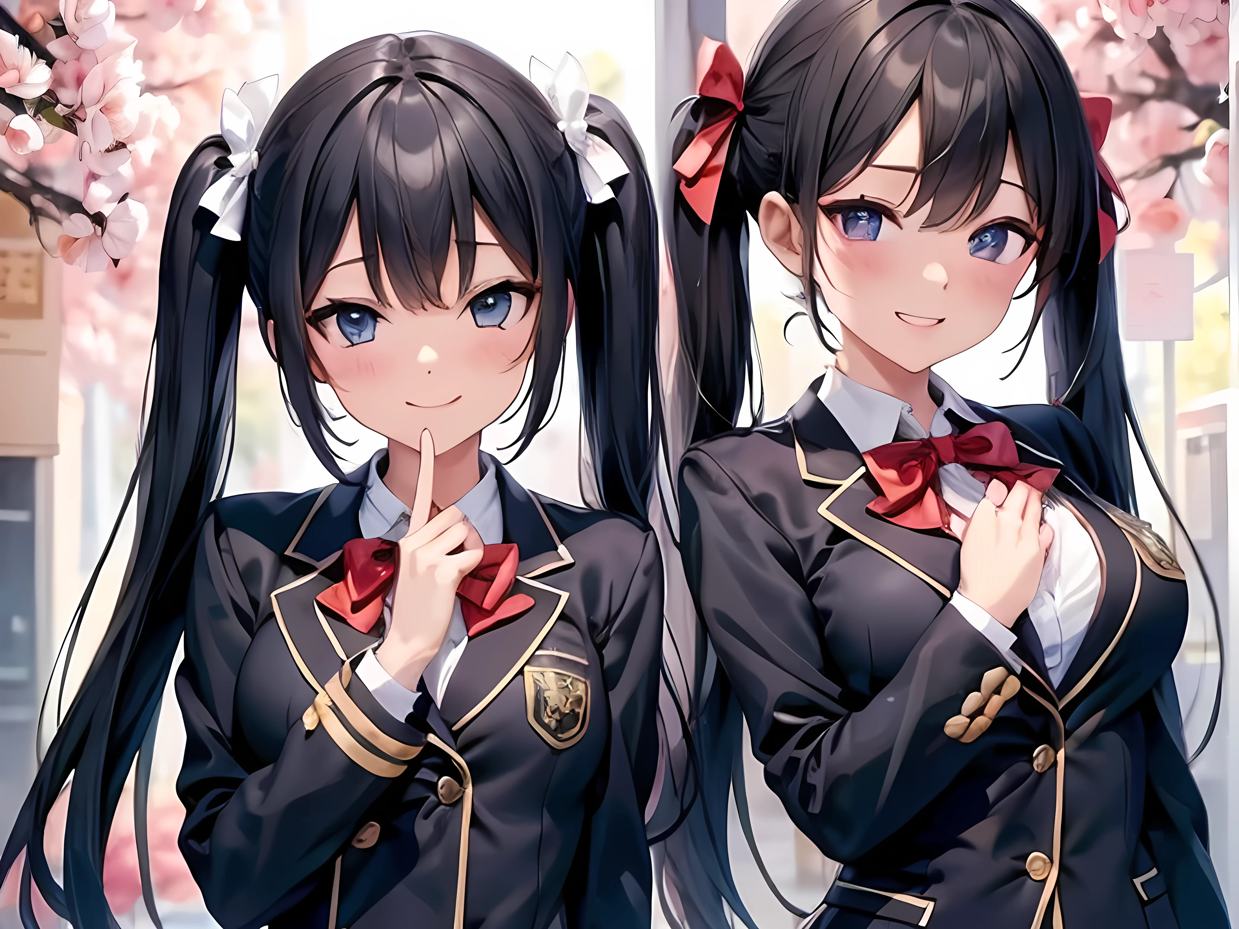  high school students,Black Hair,Small breasts,nsfw ,uniform, twin tails,Floral ribbon ,Incitement,8k,High image quality,Brat, is putting a hand on the mouth,My eyes water