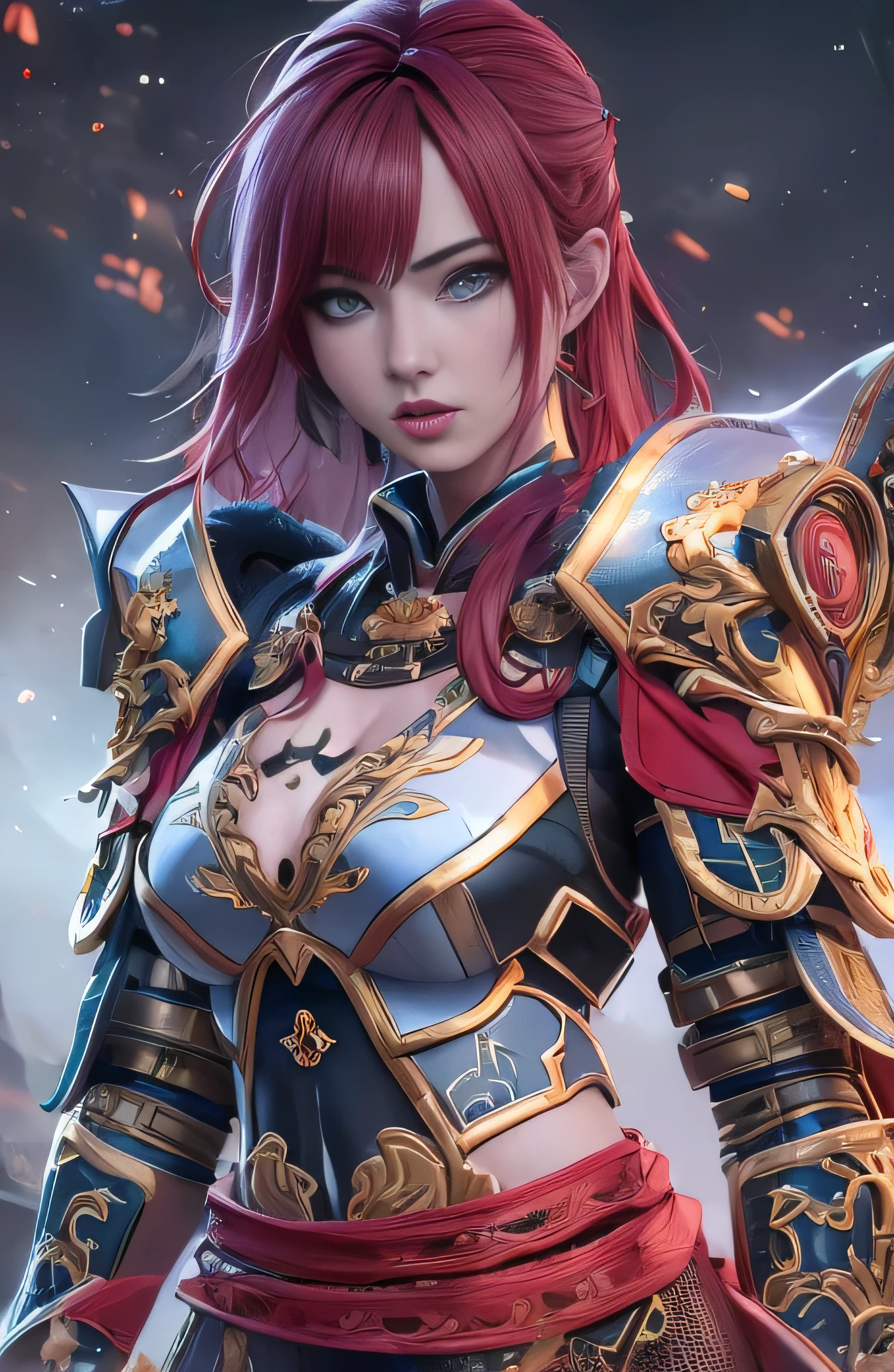 masterpiece, Game Art,  Best image quality , Maximum resolution, 8k,   Unreal Engine 5 rendering work  , (Digital Photography), 20-year-old girl,Short hair details,Long bangs,( red smoky eyeshadow ),( has long red hair : 1.4),( plump chest ), dexterous and dominating , wild and charming , ( future armor combines the characteristics of Chinese clothing, Low waist deep neck design, Chest wrap，Waist，Power Armor, Mysterious oriental runes,fine(Cloud Pattern,Fish pattern,Pattern)pattern , asymmetrical long sleeve design ，Sublight fabric ,  magic flash light ), Future Soldier,   cyberpunk characters, War Background, Light,  Light , Game CG,(([3D Unreal Engine)),   OC rendering reflection mode  