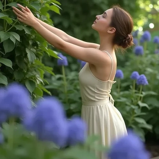 In an aromatic garden ,  is standing and stretching her arms,  gently touching the petals of the flower she met ,  a blind lady who is connected to nature and sweet blue flowers .