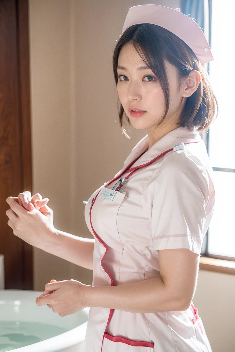 1 Girl,(Wearing white nurse clothes:1.2),(RAW Photos, Highest quality), (Realistic, photo-Realistic:1.4), masterpiece, Very delicate and beautiful, Very detailed, 2k wallpaper, wonderful, finely, Very detailed CG unity 8k wallpaper, Very detailedな, High resolution, Soft Light, Beautiful detailed girl, Very detailed eyes and face, Beautiful and detailed nose, finely beautiful eyes, nurse, Perfect Anatomy, Black Hair, Upstyle, nurse uniform,  Long skirt, nurse, White costume, thin, hospital, clear, White Uniform, hospital room, Neck auscultation,Bobcut、Flip up the skirt、20th Generation、smile、Hands are shaped like they are holding a cup、I don&#39;t have a cup