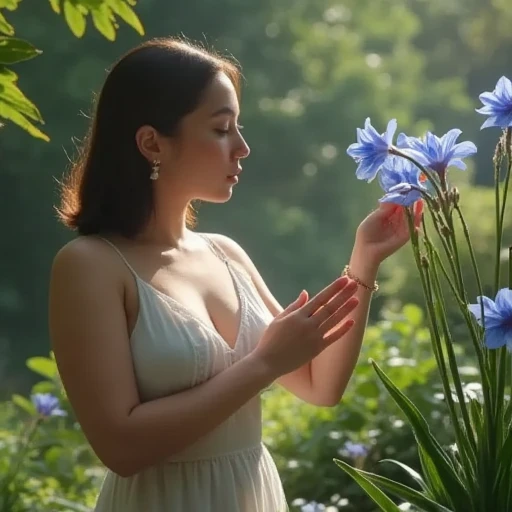 In an aromatic garden ,  is standing and stretching her arms,  gently touching the petals of the flower she met ,  a blind lady who is connected to nature and sweet blue flowers .