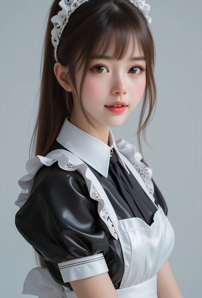 (super cute young face:1.3),(sparkling clear attractive large glowing eyes:1.5), (japanese idol face:1.5),very beautiful cute girl,(baby face:1.4),(fifteen years old:1.1),exquisite smooth and silky long brown straight hair,fair skin,(happy cheerful smile),professional portrait,(very cute shiny black and white latex maid costume:1.3),(beautiful apron and skirt :1.1),happy cheerful smile,body shot,in the restraint