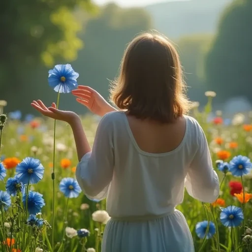 In an aromatic garden ,  is standing and stretching her arms,  gently touching the petals of the flower she met ,  a blind lady who is connected to nature and sweet blue flowers .