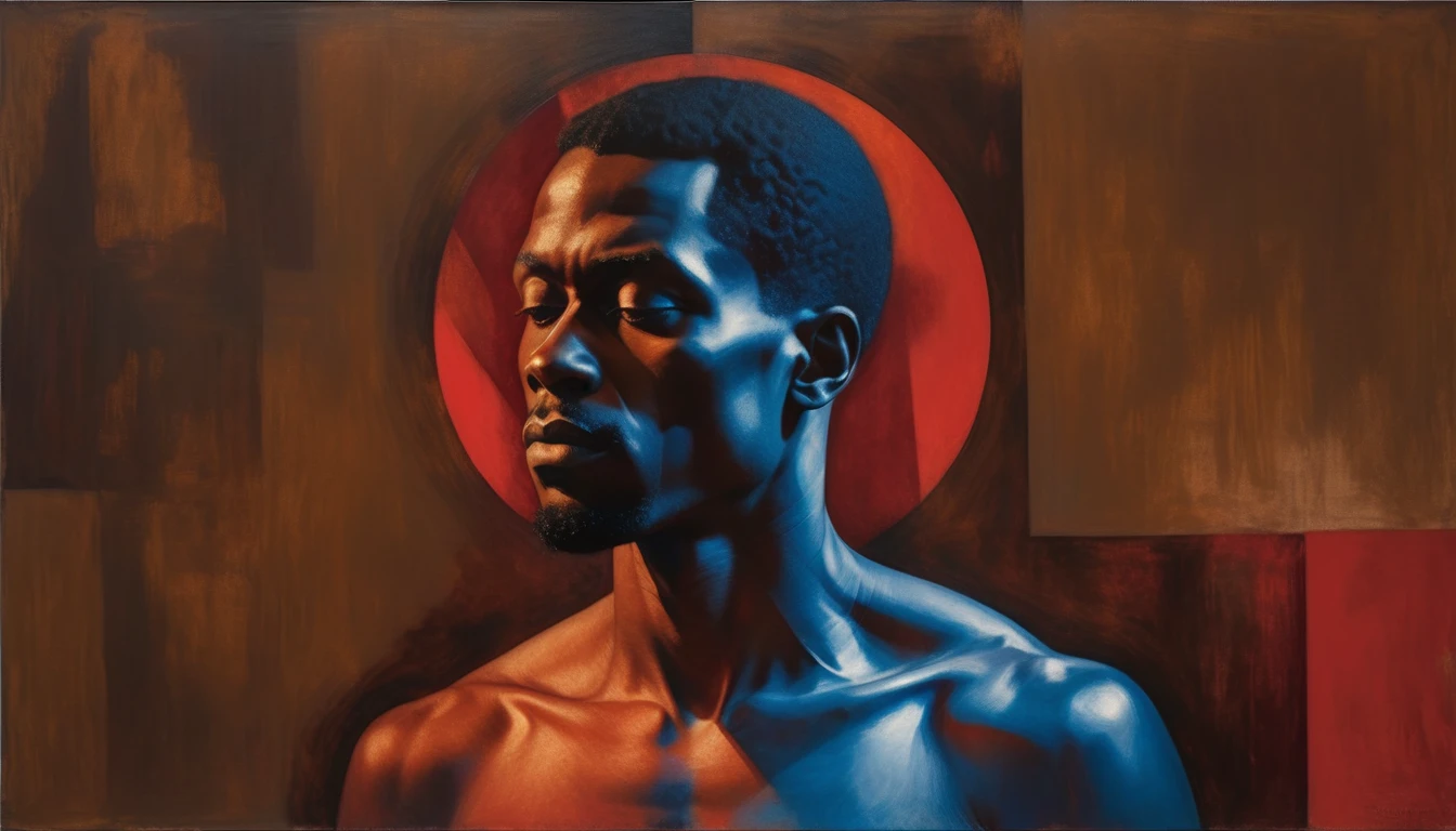 chiaroscuro technique on sensual illustration of an african american man hiding inside silky drapes, a thick textured oil painting, refined, tonal, Create high contrast between light and shadow fire around, there is a red circle on a blue and red square, inspired by Bauhaus, in a shapes background, brown red blue, circle forms, red blue, by Leon Polk Smith, memphis abstract minimal art, graphic shapes, minimal art, blue and red, minimal art style, bauhaus art, inspired by El Lissitzky, bold simple shapes