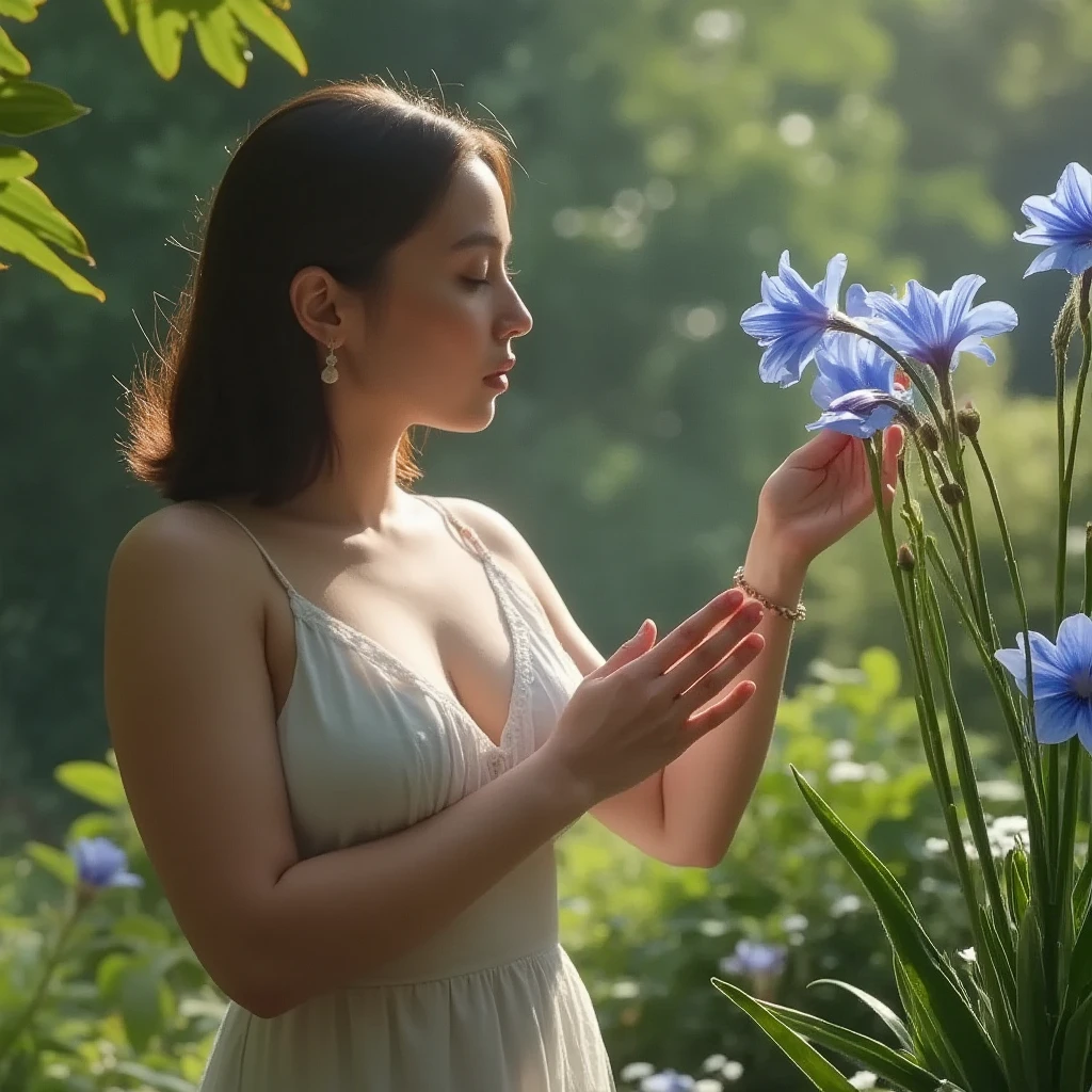 In an aromatic garden ,  is standing and stretching her arms,  gently touching the petals of the flower she met ,  a blind lady who is connected to nature and sweet blue flowers .