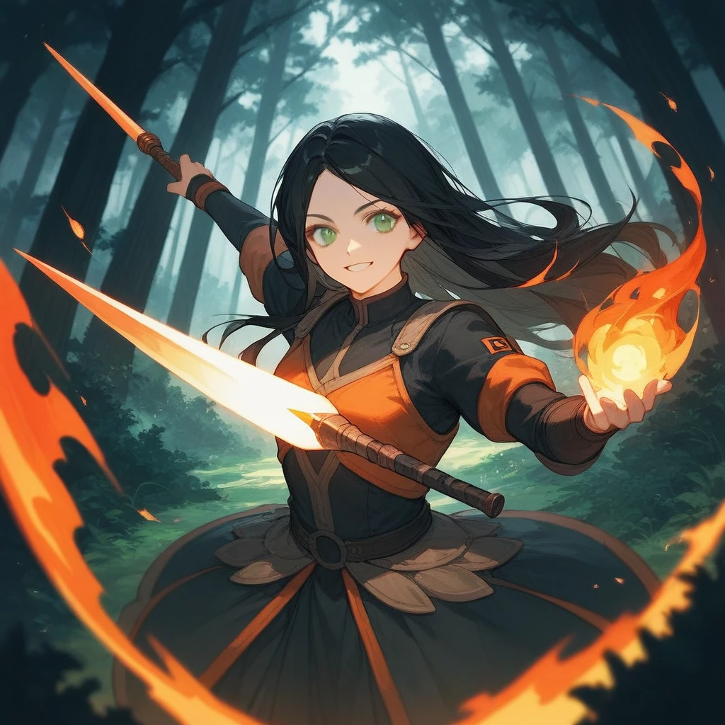 score_9, score_8_up, score_7_up, score_6_up, BREAK source_anime, rating_safe, (front view), solo focus, 1girl, black hair, green eyes, long hair, smiling, adventure clothes, holding, holding weapon, holding lance, fire, magical forest, aesthetic pose, ready-to-fight