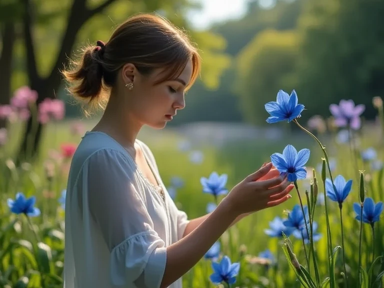 In an aromatic garden ,  is standing and stretching her arms,  gently touching the petals of the flower she met ,  a blind lady who is connected to nature and sweet blue flowers .