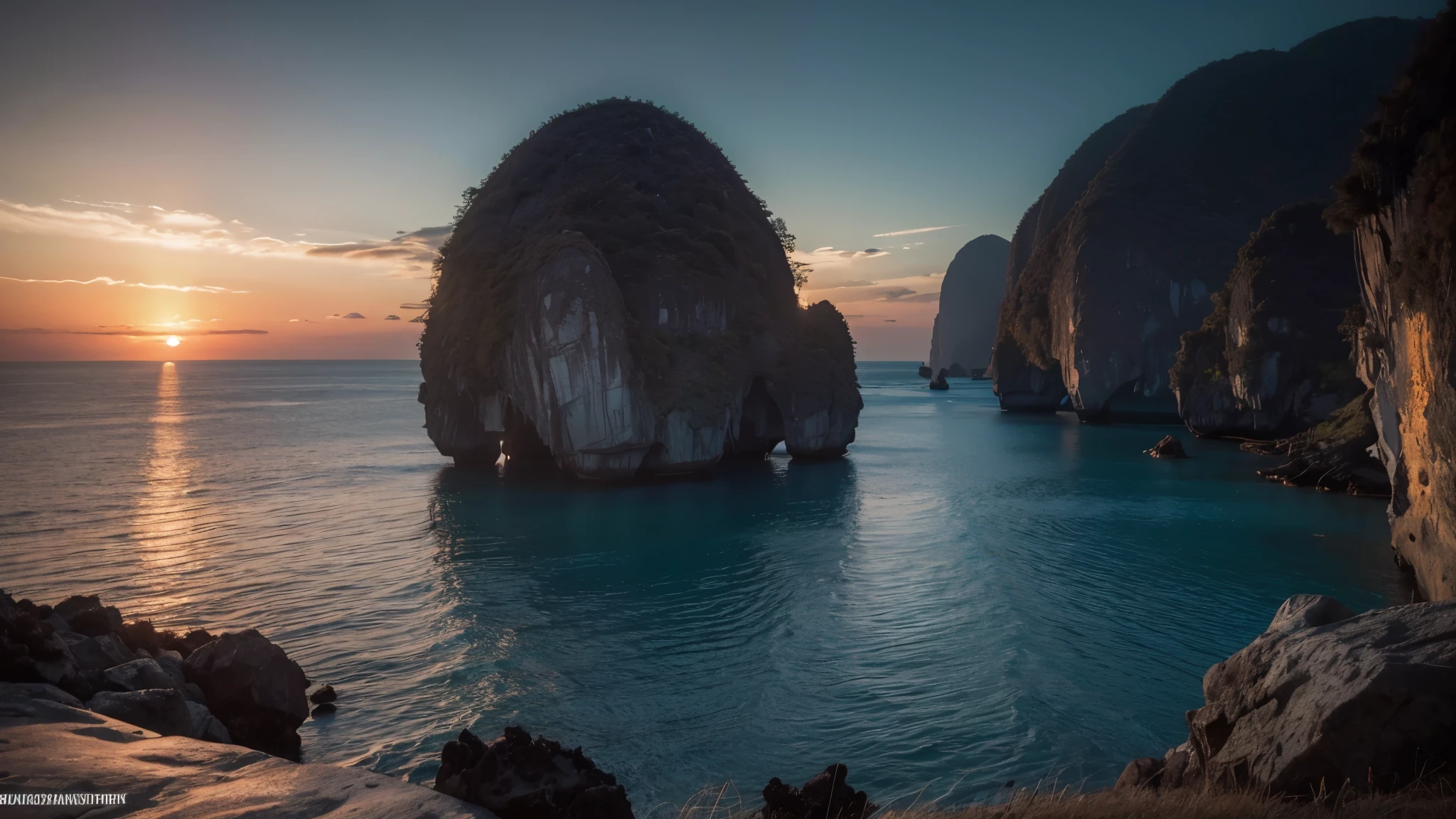 raw photo, a Thailand ocean landscape, cozy, photo realistic, high detailed texture, 8k uhd, dslr, soft lighting, high quality, film grain, Fujifilm XT3, highly detailed photography, (muted colors, cinematic, dim colors, soothing tones:1.2), vibrant, insanely detailed, hyper detailed, (dark shot:1.2), (vsco:0.3), (intricate details:0.9), (hdr, hyperdetailed:1.2)