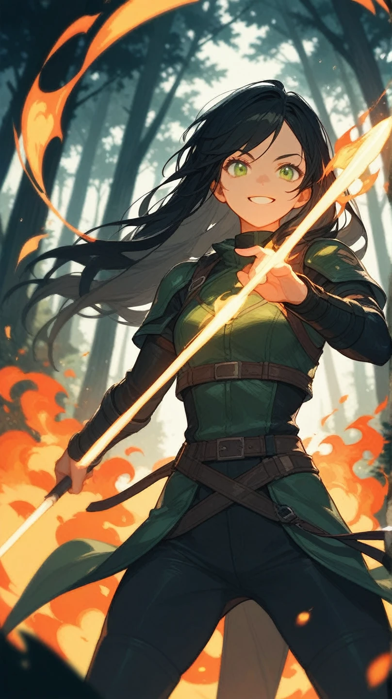 score_9, score_8_up, score_7_up, score_6_up, BREAK source_anime, rating_safe, (front view), solo focus, 1girl, black hair, green eyes, long hair, smiling, adventure clothes, holding, holding weapon, holding lance, fire, magical forest, aesthetic pose, ready-to-fight