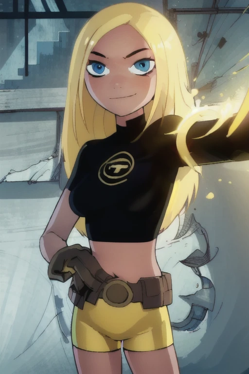 ((masterpiece,best quality)), absurdres, Terra (big fat body), 1 girl, solo, long hair, blonde hair, blue eyes, black shirt, gloves, yellow shorts, midriff, belt, smile, looking at viewer, cowboy shot, Outfit fitted to her (clothes that fit your big, fat body size), fat body plus (Perfect anatomy of an obese female body),