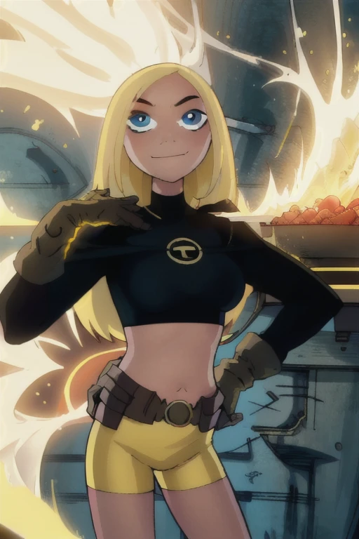 ((masterpiece,best quality)), absurdres, Terra (big fat body), 1 girl, solo, long hair, blonde hair, blue eyes, black shirt, gloves, yellow shorts, midriff, belt, smile, looking at viewer, cowboy shot, Outfit fitted to her (clothes that fit your big, fat body size), fat body plus (Perfect anatomy of an obese female body),