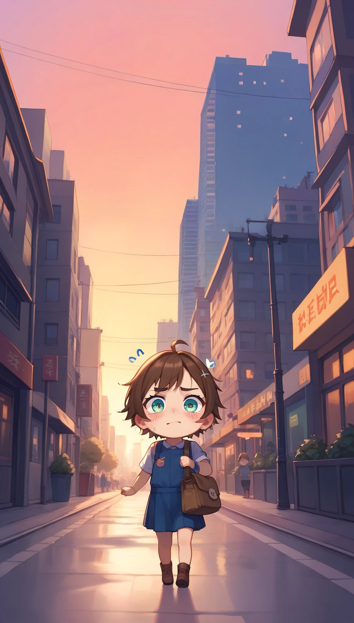 (masterpiece:1.2),(Best Quality),( very detailed ),( Kampala),8k,wallpaper,( woman:1.5), anime illustration,(First time user :1.6),( little character:1.6),(cute:1.6),(Girl:1.6),(whole body),She's about to go out for errands,(Cute bag ),(Anxious expression:1.6), from behind,Sunset,( the background is the city:1.5),Passersby, little hero ,(Chibi)@nekohouse@nekohouse