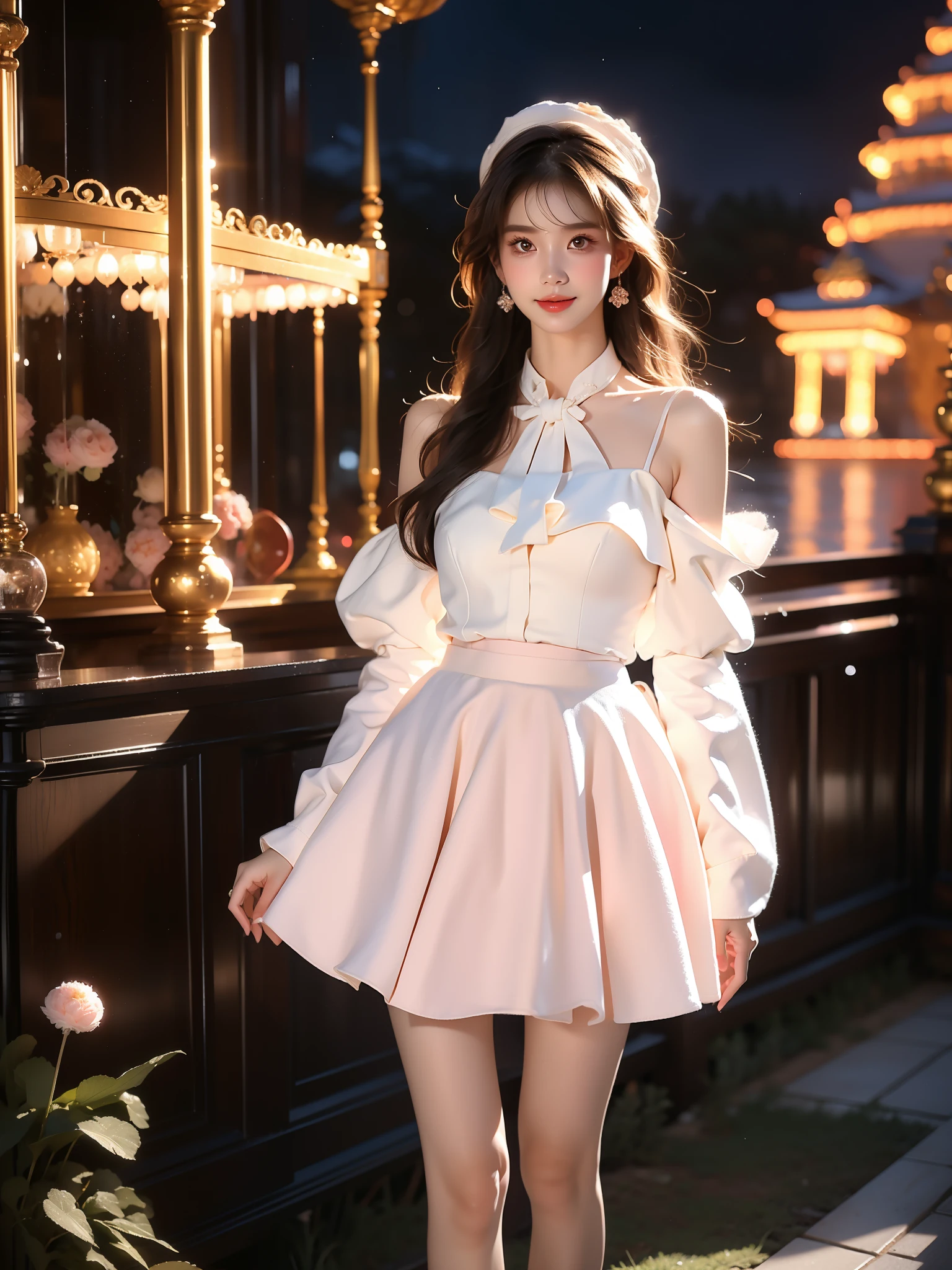 cyb dress, pink dress, dress, pom pom, bow, long sleeves, puffy sleeves, hat ,((full body)), ((single bare shoulder)), (Asian beauty: 1.3), girl, solo, ((short skirts, miniskirt, very short hemline)), (toned body: 1.2), (naturally large breasts: 1.1), (visible cleavage: 0.8), (smooth flawless skin: 1.2), (perfect anatomical proportions: 1.3), (anatomically correct legs: 1.3), (elegantly long legs: 1.3), 1.1) (a playful girl, one hand running through her long hair, the other lifting her skirt slightly), (detailed features: 1.2), (big bright eyes: 1.1), (long eyelashes: 1.1), charming smile, gentle and confident expression, Head slightly tilted, long flowing hair, (night scene: 1.1), (starry sky: 1.0), (space background: 0.9), (professional soft light: 1.2), (warm tone: 1.1), (Masterpiece: 1.4), (Super Detail: 1.3), (Sharp focus: 1.2), (Realistic: 1.2), (Hi-Fi: 1.1)