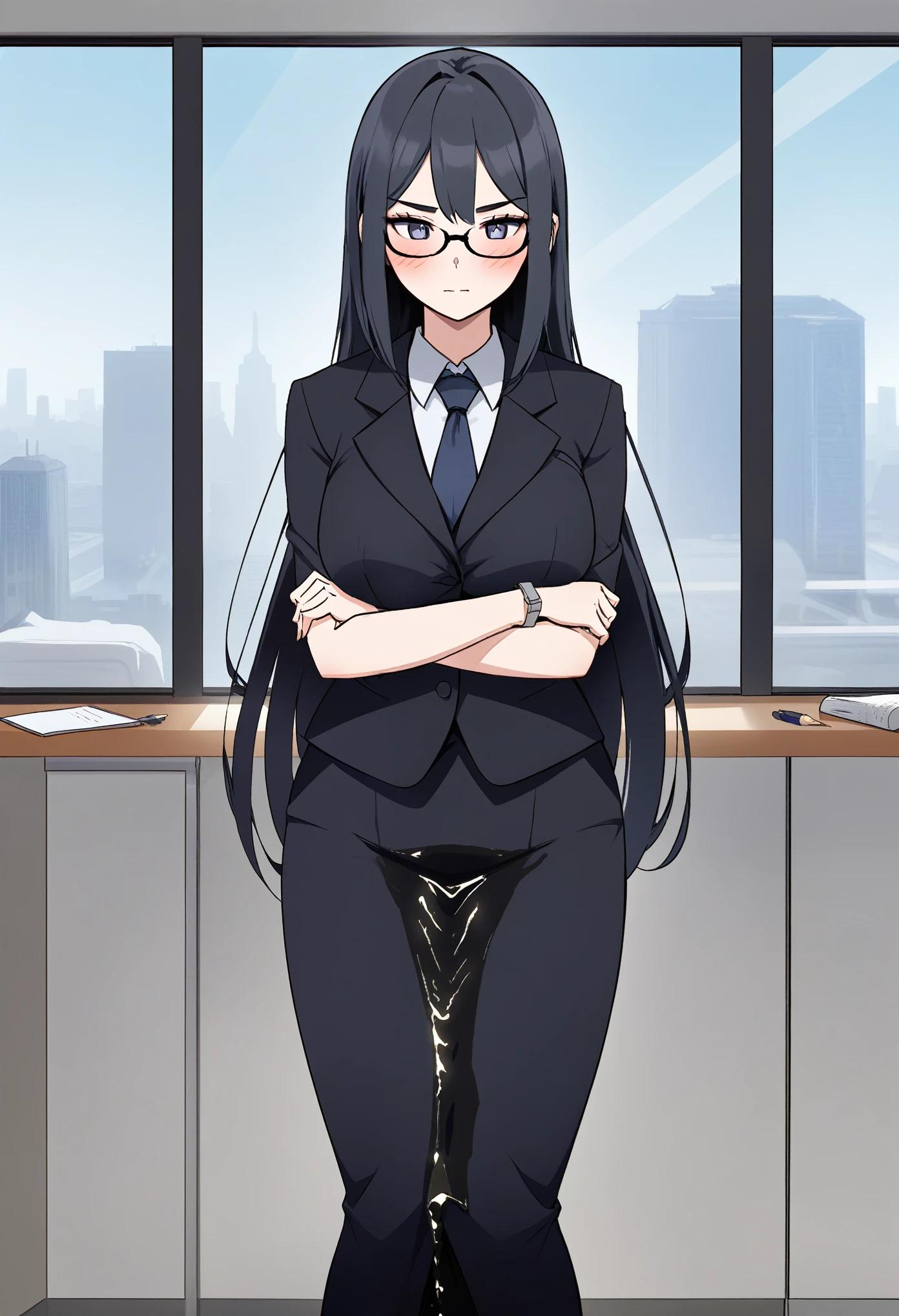 source_anime, score_7_up, 1girl, woman, (wetting self:2.0), desperation, (very long hair:1.5), straight hair, very long bangs, huge breasts, black hair, blue eyes, (black business suit:1.5), necktie, pencil skirt, pantyhose, (blushing:1.5), aroused, orgasm, smirk, wavy mouth, tears, trembling, (arms crossed:1.5), indoors, office, window, cityscape