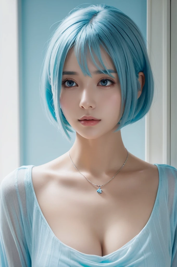 (masterpiece), (best quality), Ultra-high resolution, Raw photo, A photo-realistic, ((Looking outside by the window on a rainy day)), super cute woman, 1girl, (perfect face:1.2), (beautiful face:1.2), pale blue hair, short hair, (from under, upper body:1.3), happy, light smile, looking at viewer, pose, sheer turtleneck shirt, sleeveless shirt, outdoors, night time, intricate, depth of field, cinematic lighting,