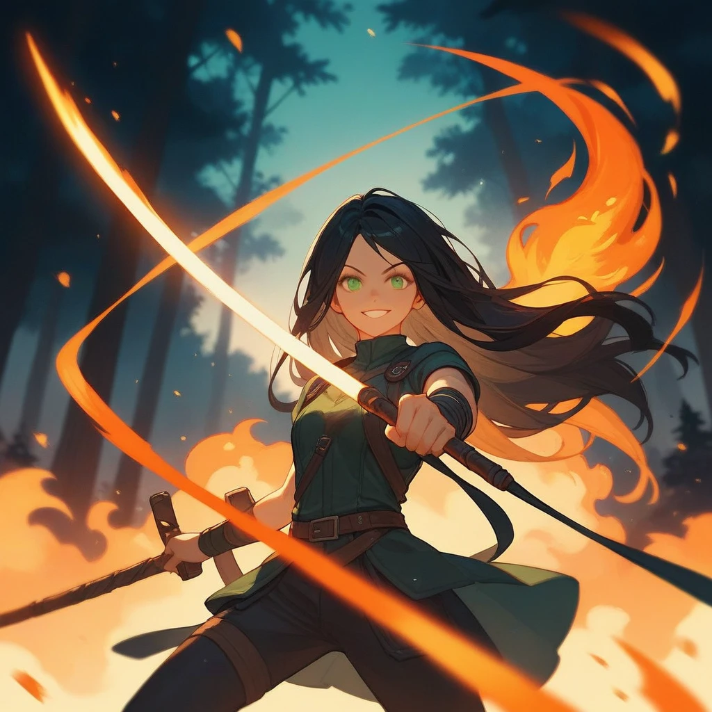 score_9, score_8_up, score_7_up, score_6_up, BREAK source_anime, rating_safe, (front view), solo focus, 1girl, black hair, green eyes, long hair, smiling, adventure clothes, holding, holding weapon, holding lance, fire, magical forest, aesthetic pose, ready-to-fight