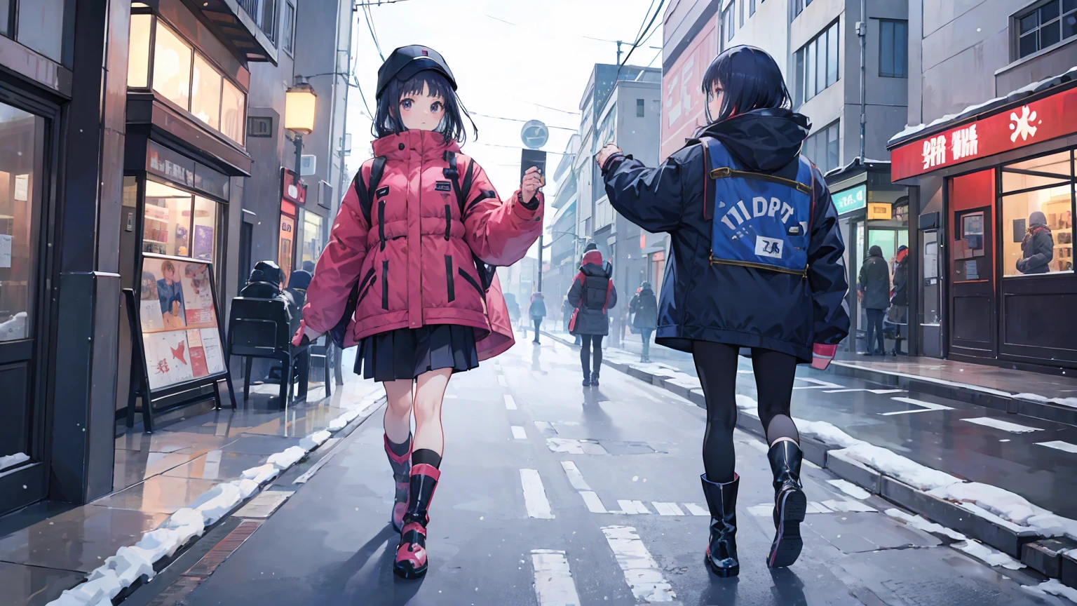 eye、girl、19 years old、Hokkaido、boots、puffy jacket、Stylish winter clothes、 while dancing、Walking backwards from town