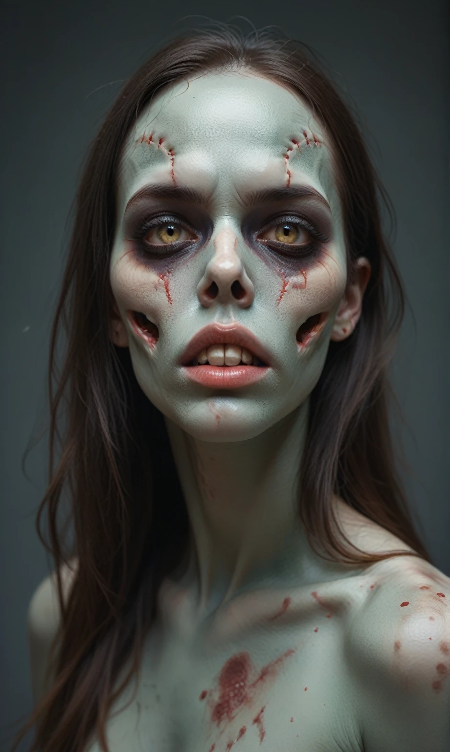 Produce chaotic, expressionistic portraits using dark colors.  gothic young zombie woman with half of her face rotting with green cream, visible bones and many cockroaches going into the corner of the head and coming out of the corner of the chin, pieces of human flesh, worms crawling over her face,, visible bones with long straight black hair, ray tracing, jpeg artifact, multiple displays, UHD, masterpiece, accurate, textured leather, high detail, award winning, high resolution, 16k, best quality