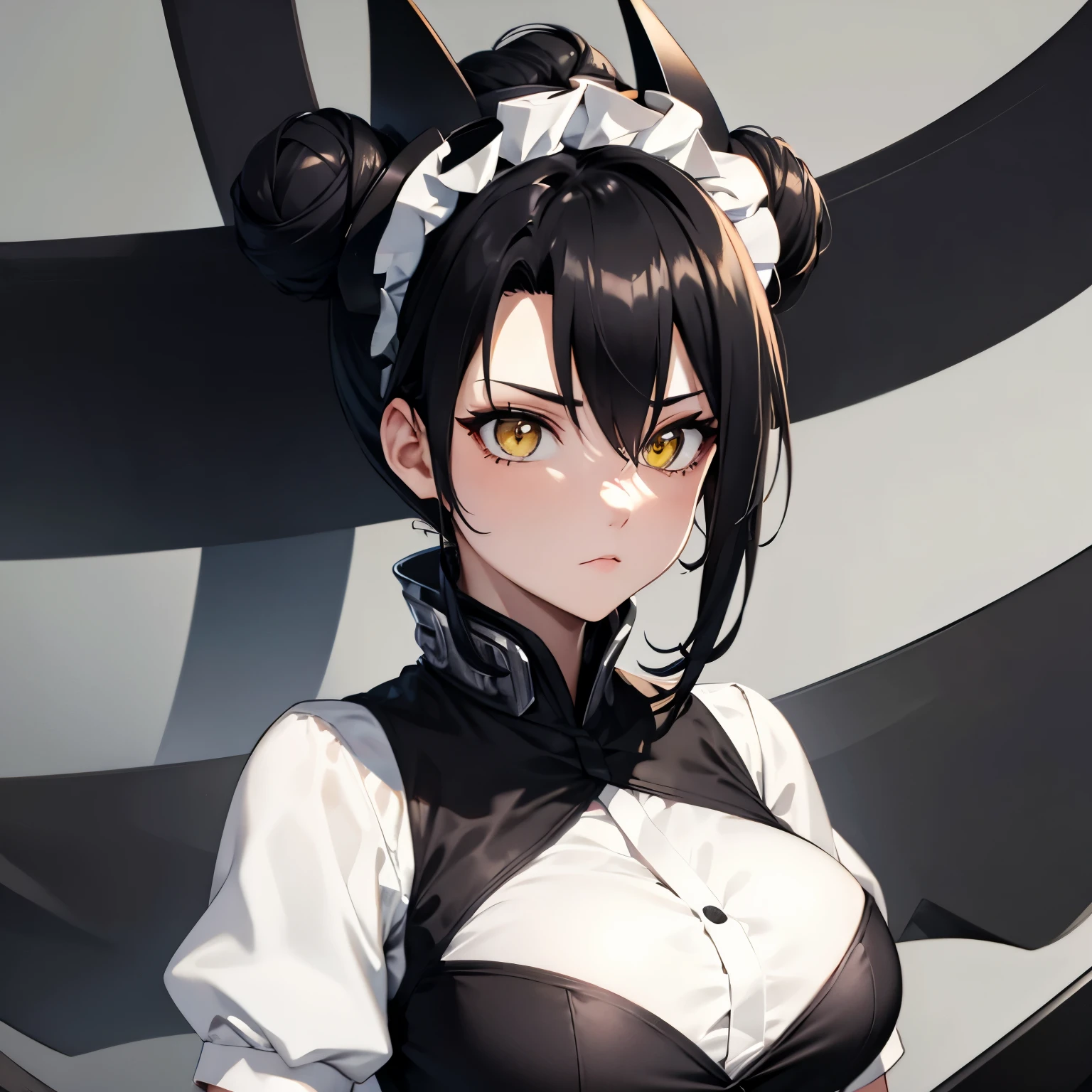 Agent, yellow eyes, black hair, hair bun, maid, maid headdress, upper body