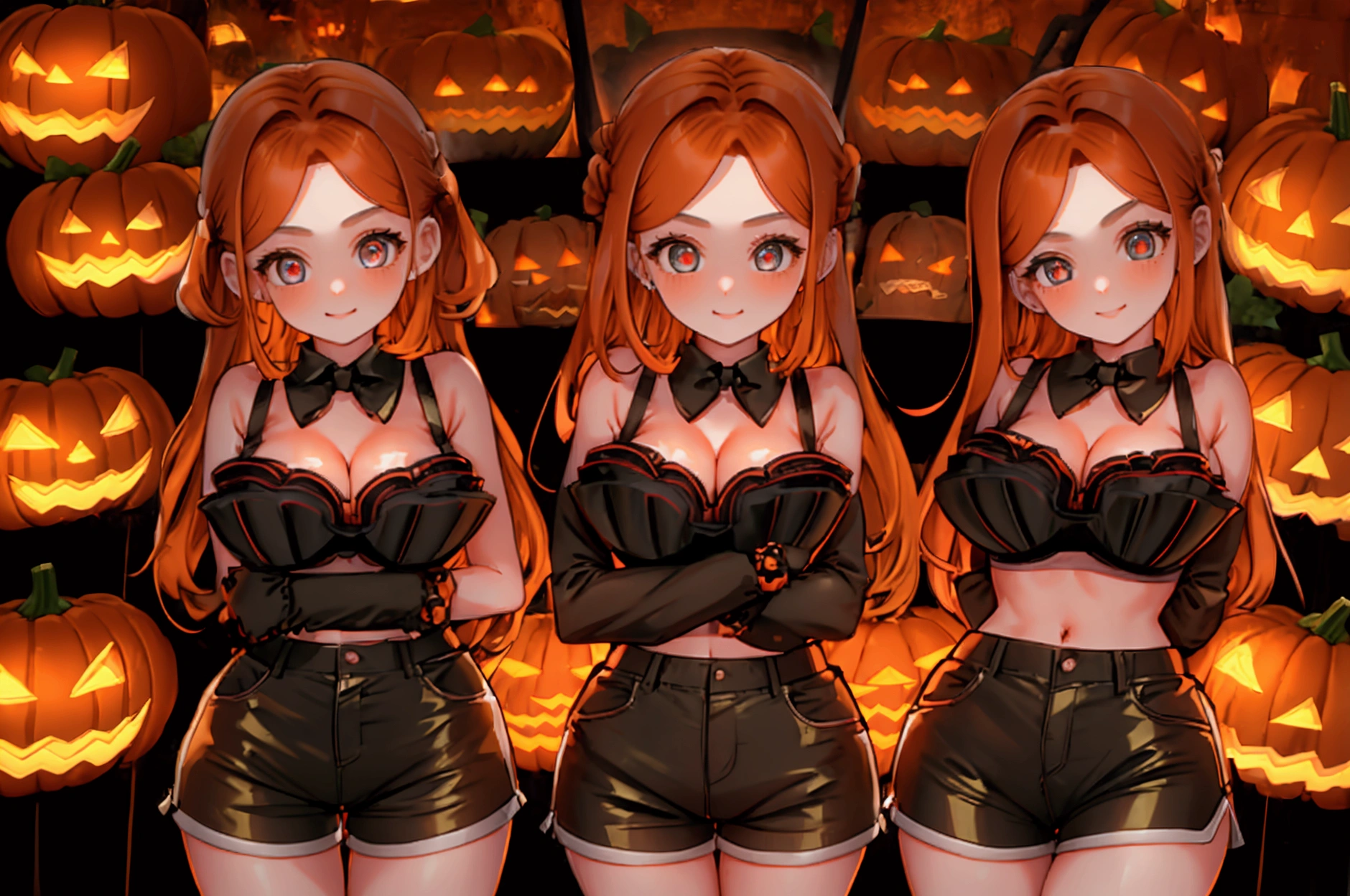 (masterpiece),(ultra-detailed), (high quality), (high resolution), (best quality:1.5, highres, UHD), highres, absurdo, ultra detail, ultra quality, ((2heads:1.5)), 1girl, Ultra resolution, 16k, best quality, 1girl, ((orange hair)), ((black bra)), ((5 foot girl)),  girl, midriff, ((white shorts)), gentle smile, blushing, ((detailed eyes)) Jack o lantern field, Halloween 