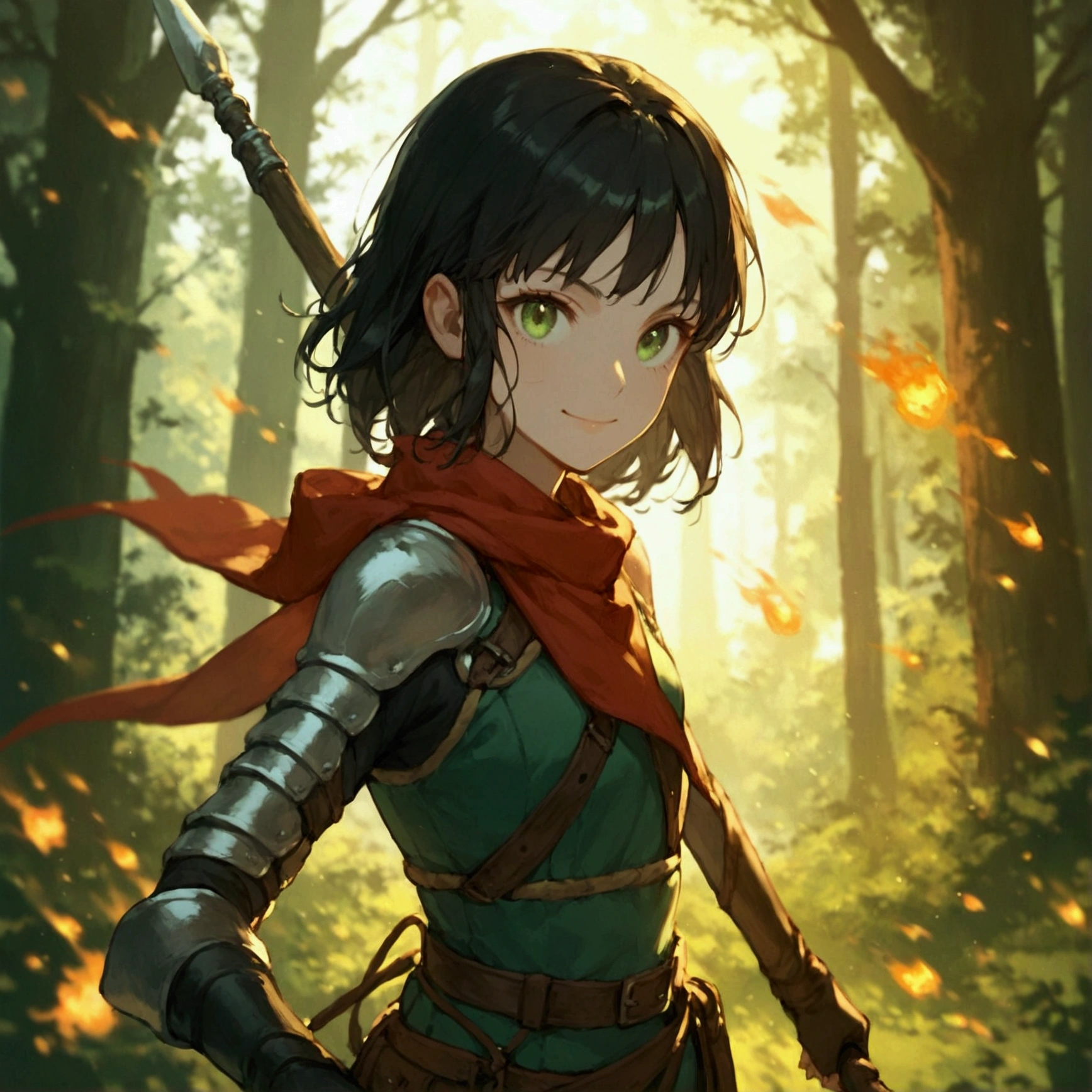 score_9, score_8_up, score_7_up, score_6_up, BREAK source_anime, rating_safe, (front view), solo focus, 1girl, black hair, green eyes, long hair, smiling, adventure clothes, holding, holding weapon, holding lance, fire, magical forest, aesthetic pose, ready-to-fight