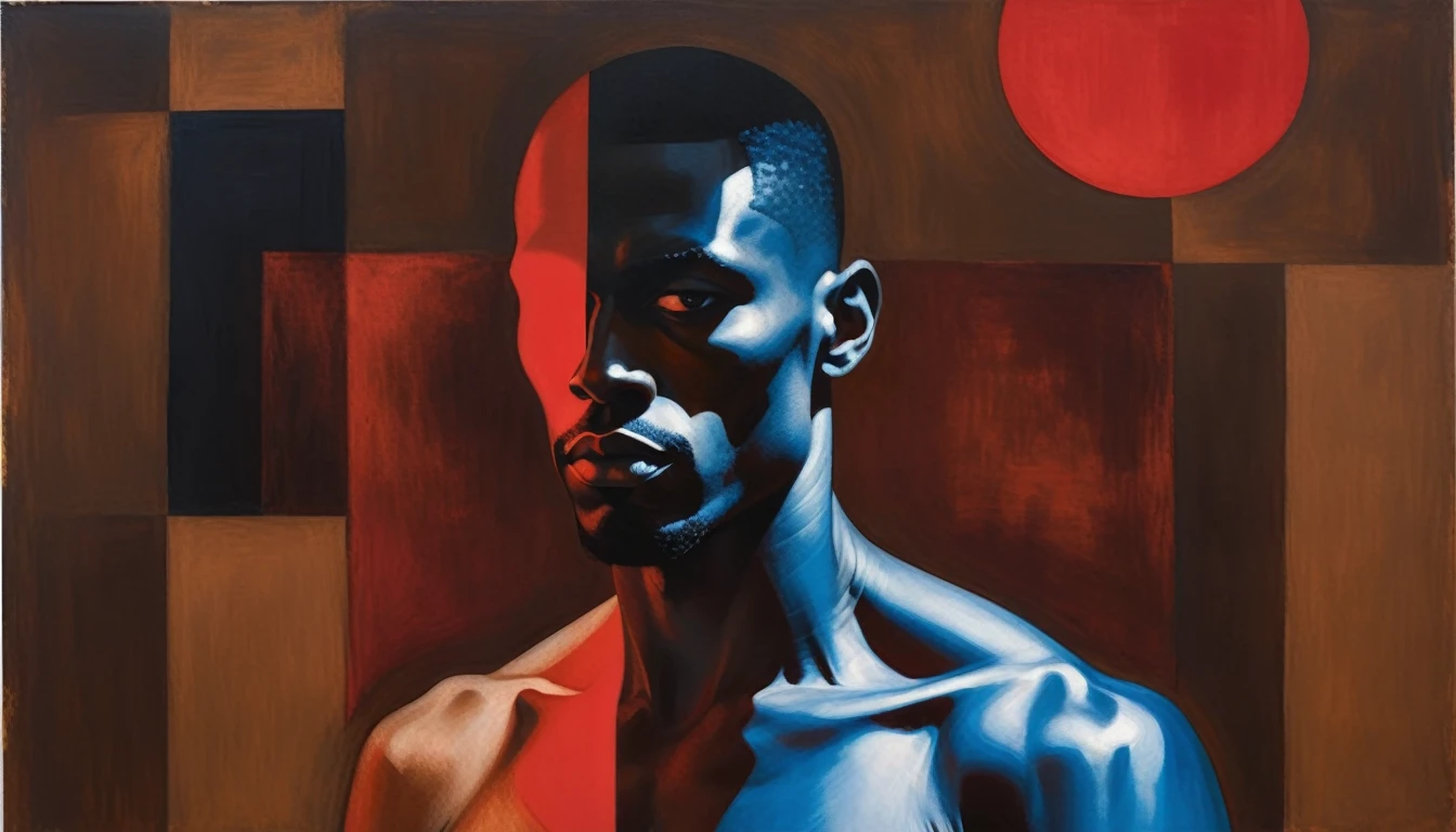 chiaroscuro technique on sensual illustration of an african american man hiding inside silky drapes, a thick textured oil painting, refined, tonal, Create high contrast between light and shadow fire around, there is a red circle on a blue and red square, inspired by Bauhaus, in a shapes background, brown red blue, circle forms, red blue, by Leon Polk Smith, memphis abstract minimal art, graphic shapes, minimal art, blue and red, minimal art style, bauhaus art, inspired by El Lissitzky, bold simple shapes