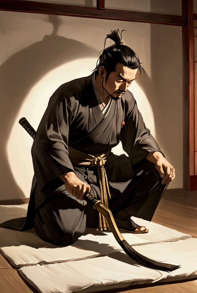 A samurai bowing to a zen master no facial fogures just shadows 