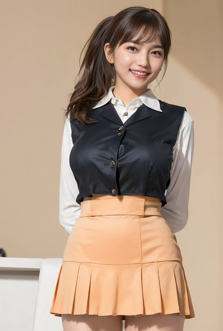 Masterpiece, best picture quality, one beautiful girl, detailed eyes, swollen eyes, brown hair, long hair, fair skin, cute, cute legs, short skirt, Japanese woman, Asian beauty, moonlight, strong eyes, professional lighting, bright lighting, double eyelids, slender, Japanese woman, Asian beauty, idol, checked jacket, checked short skirt, ribbon shaped tie, smile, sweat, fresh, live stage, hairpiece, Japanese idol costume,