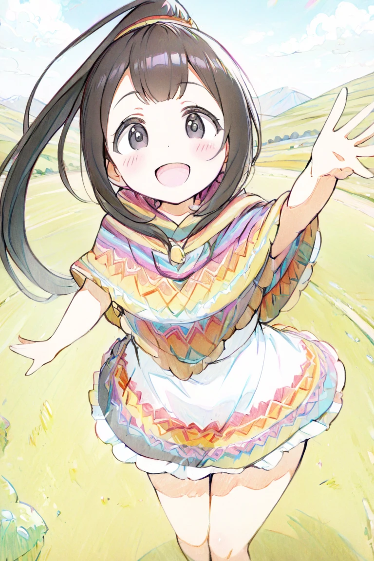 (masterpiece, best quality, hyper detailed:1.4), cute, art academia,
1girl, short, slender, fair skin, black long hair, ponytail, big droopy eyes, black eyes,
colorful poncho, Peruvian landscape,
happy, laughing, dancing, looking at viewer, cowboy shot, front view,