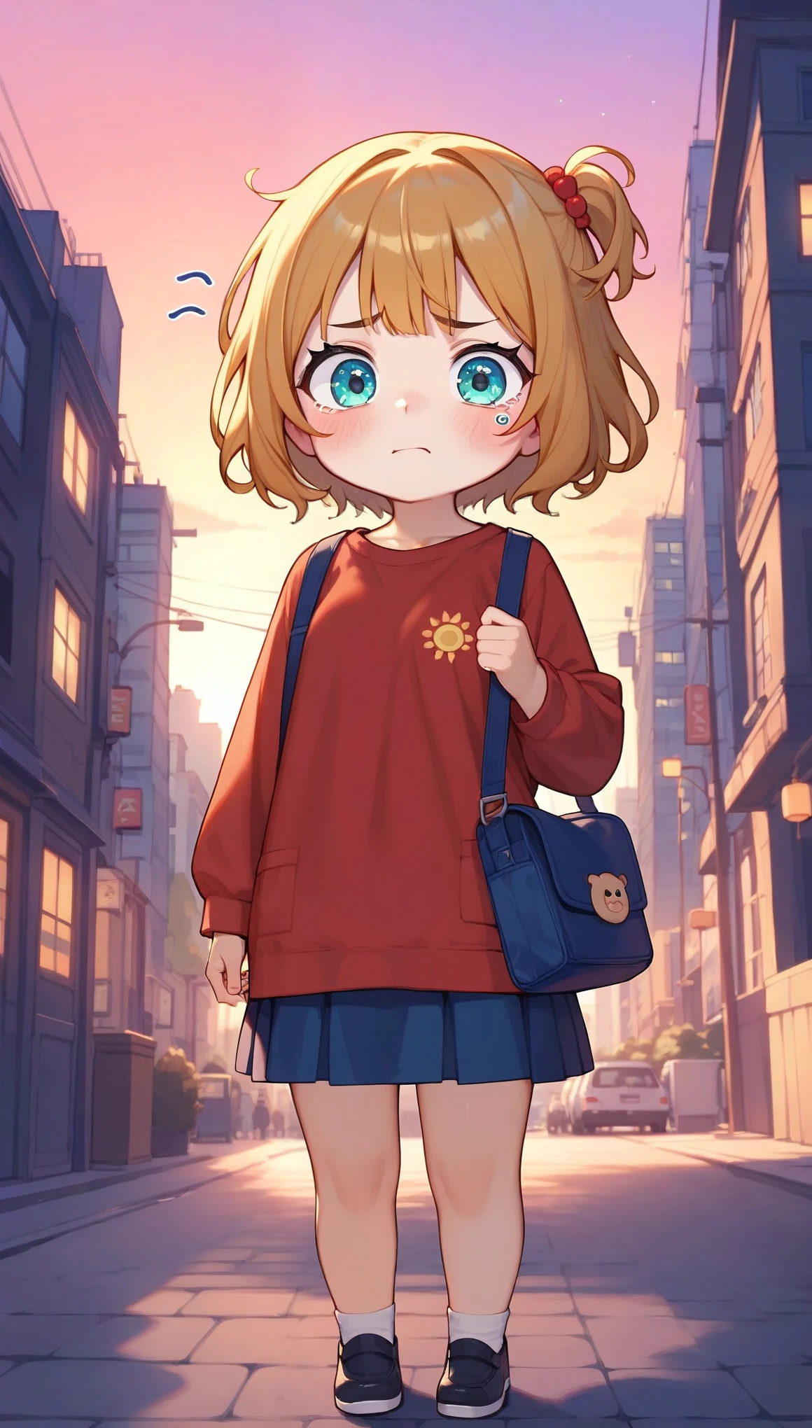 (masterpiece:1.2),(Best Quality),( very detailed ),( Kampala),8k,wallpaper,( woman:1.5), anime illustration,(First time user :1.6),( little character:1.6),(cute:1.6),(Girl:1.6),(whole body),She's about to go out for errands,(Cute bag ),(Anxious expression:1.6),front,Sunset,( the background is the city:1.5),Passersby, little hero ,(Chibi)@nekohouse@nekohouse@nekohouse