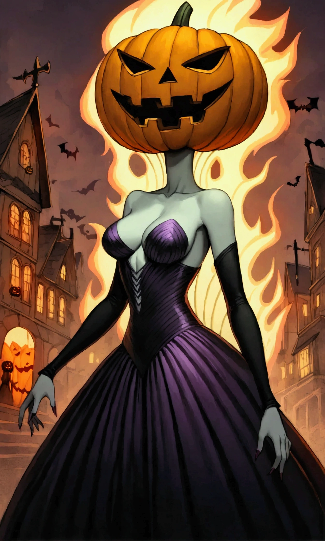 (pumpkin queen PQueen spooky evil(Jack o Lantern head, pale sexy woman, slinky evil dress, wreathed in evil flame)) strolls down the main street of a Halloween village
