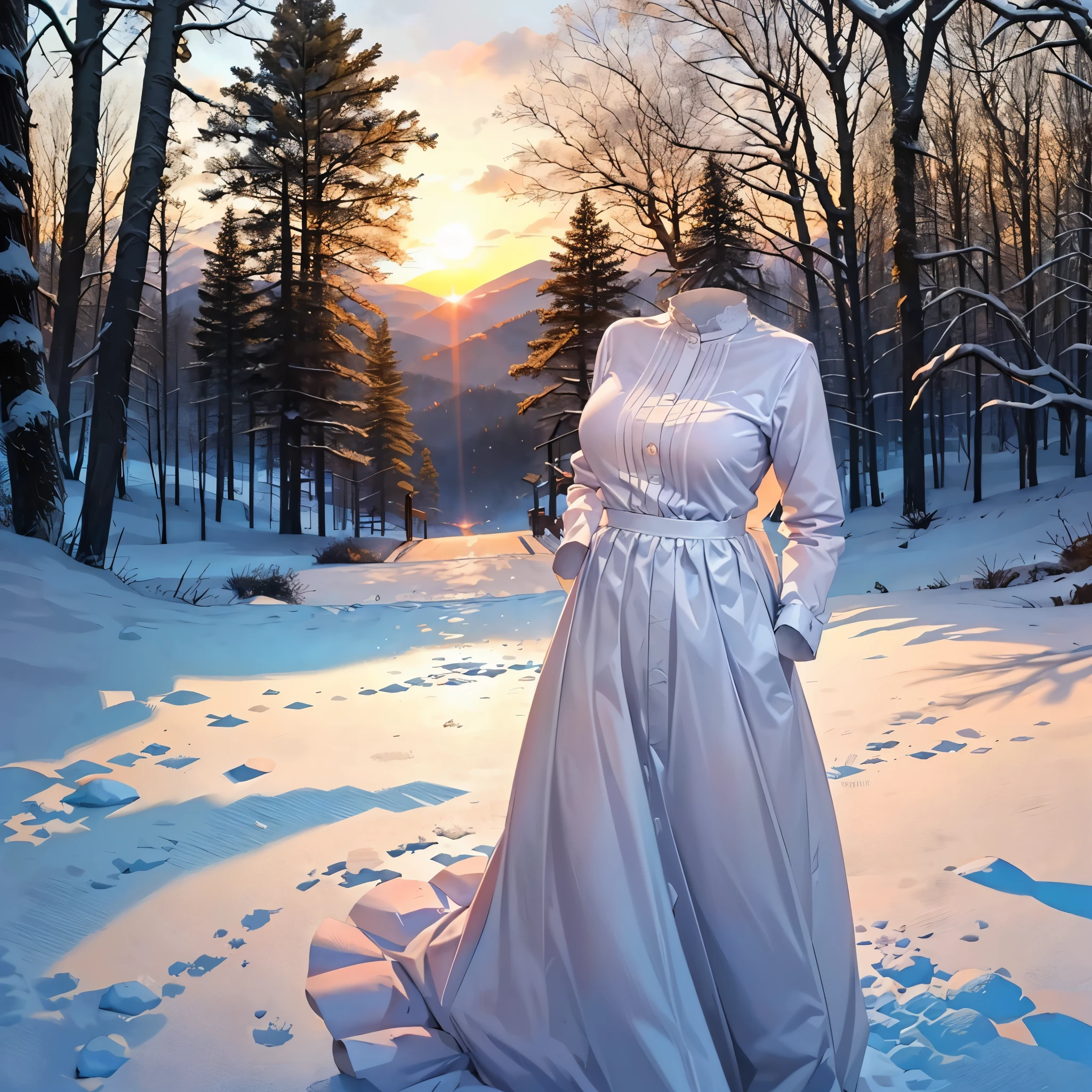 1girl, (invisible:1.5, no humans:1.5, headless:1.5, faceless:1.5), aafern, large breasts, long dress, white dress, black robe, long sleeves, (close-up shot of breasts), (8k, RAW photo, best quality, masterpiece:1.2), (realistic, photo-realistic:1.37), photon mapping, radiosity, ((Hasselblad photography)), physically-based rendering, in forest, beautiful sunset, (hands on hip), snowy day