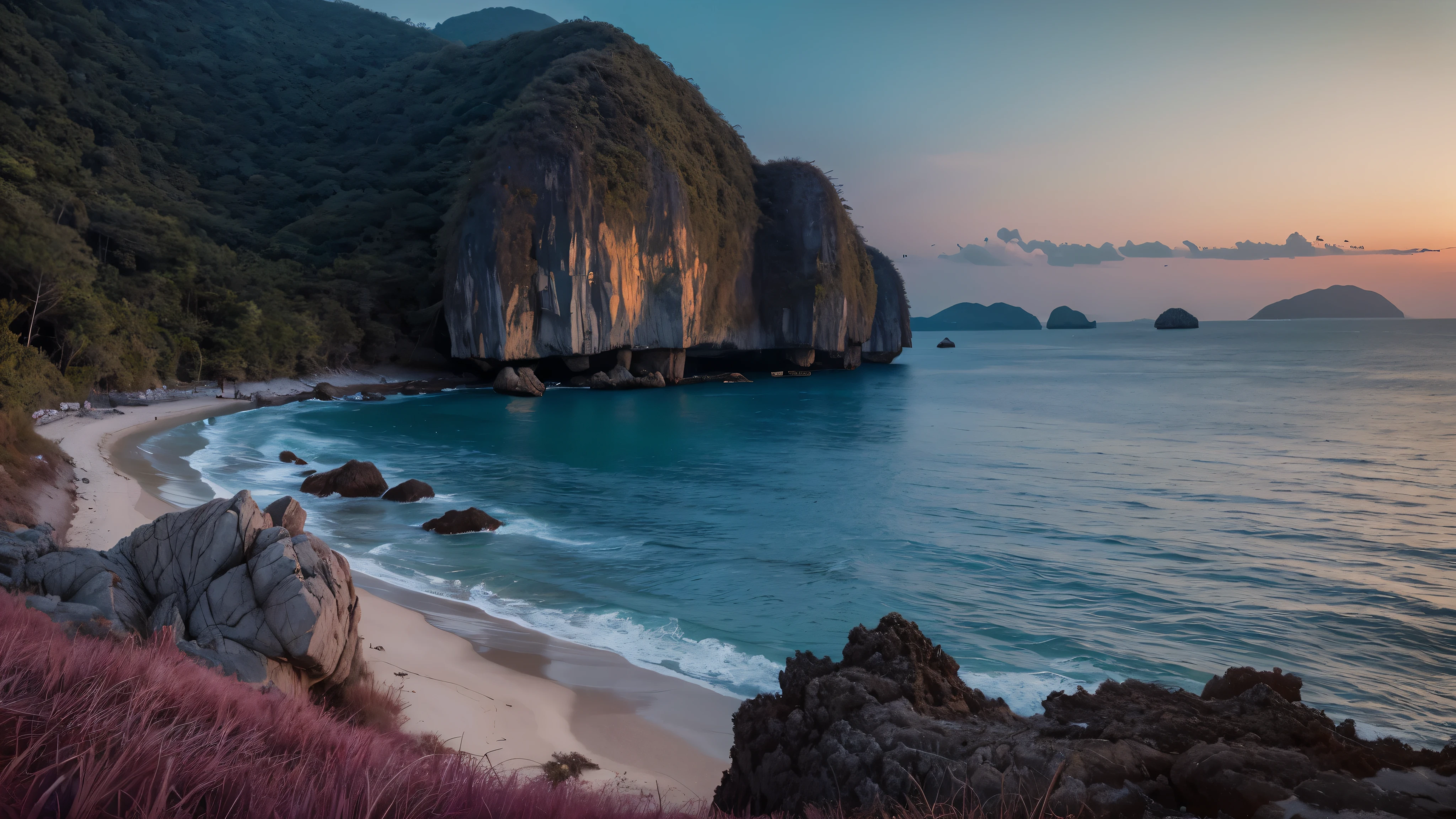 raw photo, a Thailand ocean landscape, cozy, photo realistic, high detailed texture, 8k uhd, dslr, soft lighting, high quality, film grain, Fujifilm XT3, highly detailed photography, (muted colors, cinematic, dim colors, soothing tones:1.2), vibrant, insanely detailed, hyper detailed, (dark shot:1.2), (vsco:0.3), (intricate details:0.9), (hdr, hyperdetailed:1.2)