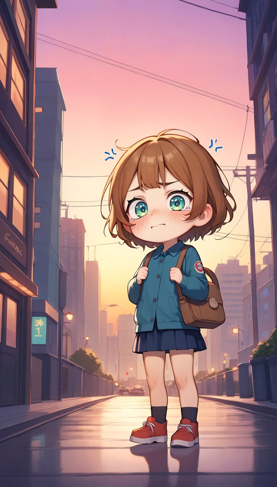 (masterpiece:1.2),(Best Quality),( very detailed ),( Kampala),8k,wallpaper,( woman:1.5), anime illustration,(First time user :1.6),( little character:1.6),(cute:1.6),(Girl:1.6),(whole body),She's about to go out for errands,(Cute bag ),(Anxious expression:1.6),front,Sunset,( the background is the city:1.5),Passersby, little hero ,(Chibi)@nekohouse@nekohouse@nekohouse