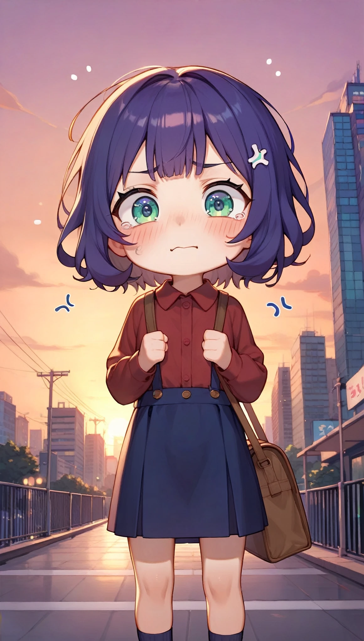 (masterpiece:1.2),(Best Quality),( very detailed ),( Kampala),8k,wallpaper,( woman:1.5), anime illustration,(First time user :1.6),( little character:1.6),(cute:1.6),(Girl:1.6),(whole body),She's about to go out for errands,(Cute bag ),(Anxious expression:1.6),front,Sunset,( the background is the city:1.5),Passersby, little hero ,(Chibi)@nekohouse@nekohouse@nekohouse
