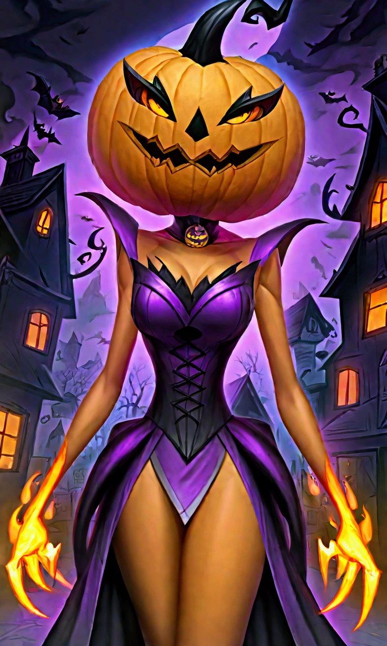 (pumpkin queen PQueen spooky evil(Jack o Lantern head, pale sexy woman, slinky evil dress, wreathed in evil flame)) strolls down the main street of a Halloween village
