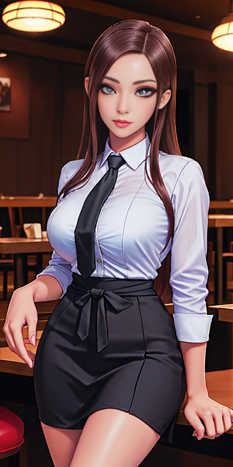 sakuyarindou768, mature female,(Wearing business outfit,formal jacket,neck tie, tie,white shirt, skirt, heels,High waist Skirt)( big perfect round breasts,hourglass body, thin waist,btpt-fc,Photo realistic, (hyperrealistic:1)beautiful, masterpiece, best quality, extremely detailed face, perfect lighting,detailed eye makeup, detail face, nice detailed eyes,nice hands, perfect hands (realistic pupils,realistic iris:1) heavy eye makeup (working at a restaurant, background restaurant)