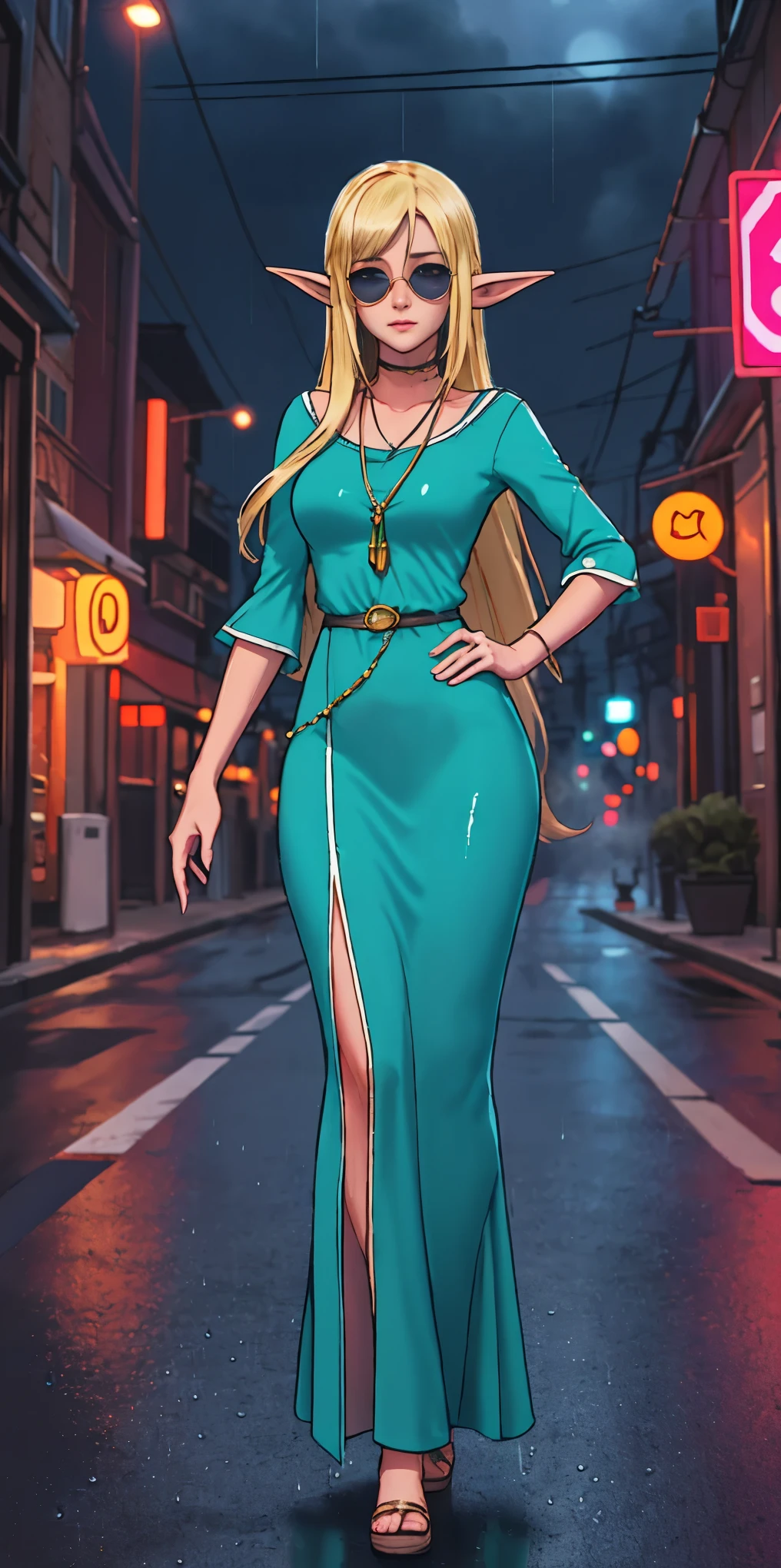 Setting: Atmospheric Street Background (Think bustling city street at night with neon lights and rain, a foggy alleyway, or a deserted highway at dusk) - Choose the specific atmosphere you desire. Character: Appearance: Ultra Quality - High level of detail and realism Shiny Skin - Glowing and healthy Long wet Hair - Flowing down the back Narrowed Eyes - Focused and intense expression (sharp or piercing) Attire: Long Dress - Elegant and flowing Pose: Fingers Crossed - A gesture hinting at hope, nervousness, or even making a wish. Accessories: Sunglasses - Adding a touch of mystery or coolness (consider the style of sunglasses to match the overall mood) Additional Notes: Consider adding details about the character's posture (standing tall, leaning against a wall, etc.) to enhance the scene. The quality of the image is 8K or Cinematic elf woman praying hands