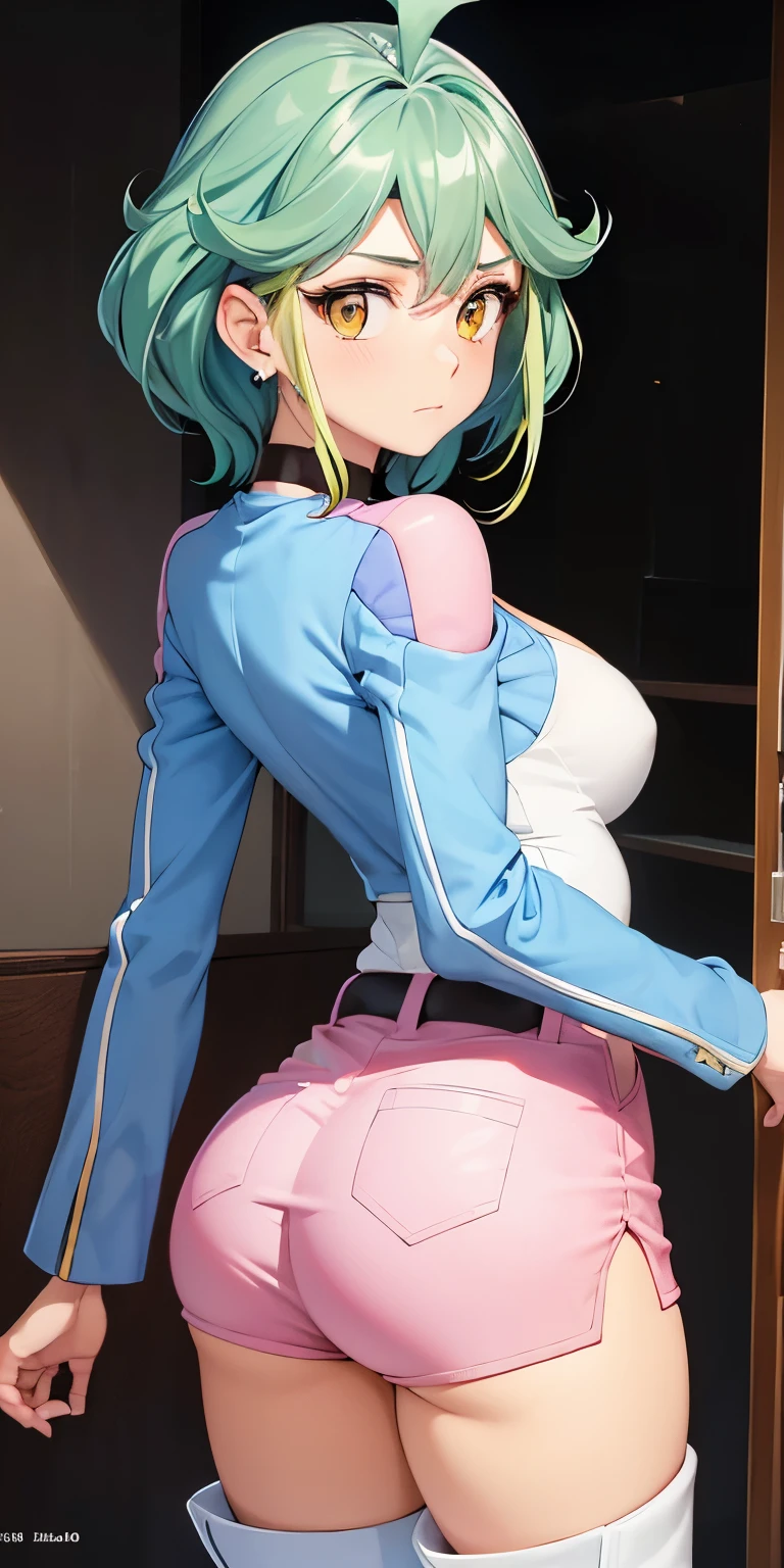 1 Female,High definition,high resolution,Ultra-realistic,8K, rin_arc_v,blue jacket,long sleeves,black choker,(pink shorts),(white boots), multicolored hair,yellow eyes,European,sexy,Upper body close-up,Photographed from the front,Dynamic Angles,private teacher,blush, (small tits), pretty  ,(pov , closed shot:1.3),from behind,huge ass,((show ass)),green hair