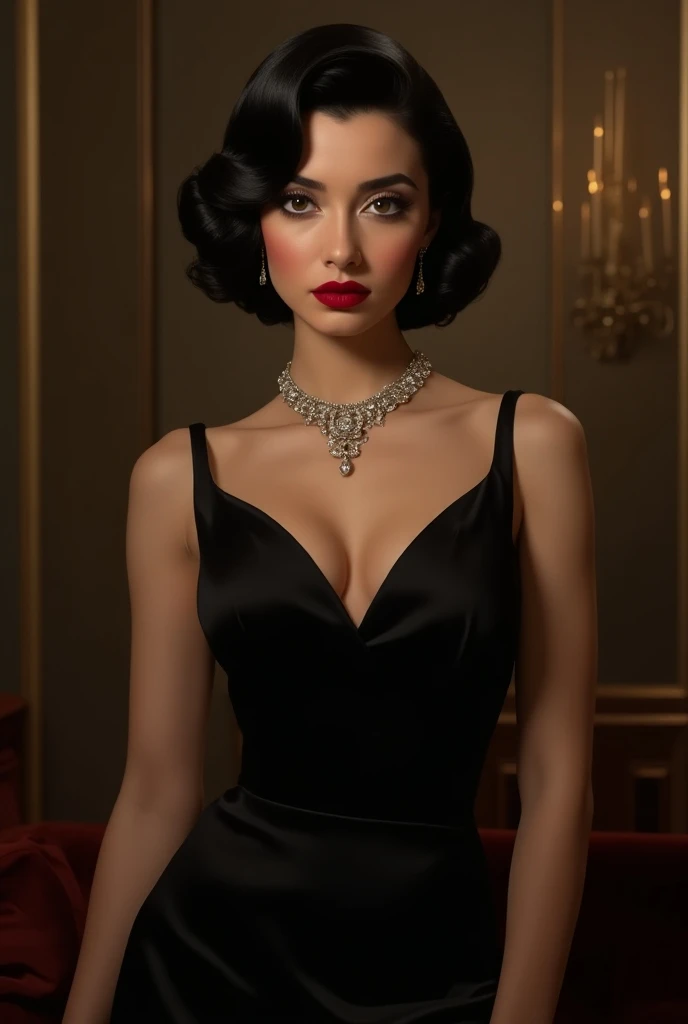 A 1920s femme fatale, elegantly dressed in a sleek, black, floor-length gown with a plunging neckline and intricate beading. She has short, wavy bobbed hair styled with a finger wave, and wears a bold, dark red lipstick. A long pearl necklace drapes down her chest, and she holds a small, black velvet clutch in one hand, exuding an air of mystery and seduction. Her gaze is intense, with perfectly lined eyes and dark, dramatic makeup. The background is a dimly lit, jazz club with Art Deco elements, such as geometric patterns and luxurious furnishings, which complement her enigmatic presence.