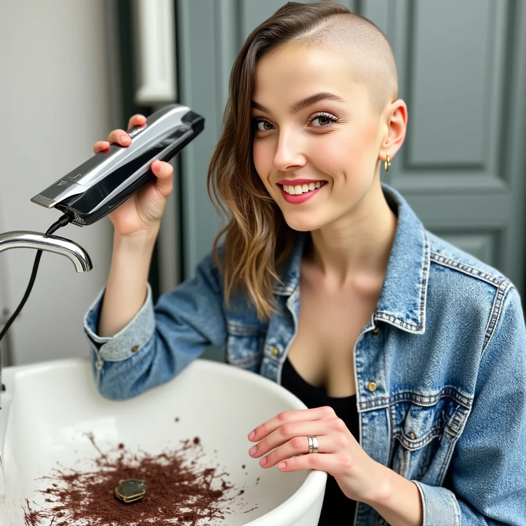 Real photograph of a (((curvy beautiful young mostly bald women)). (((she is using "Wahl" hair clippers which are currently (shaving her short ginger hair bald), (((she is intensely looking at the the viewer excited and smiling))). (((Her head is mostly shaved bald ))). ((((short tufts of cut ginger hair are on the sink top)))) and (((long strands of cut hair are stuck on and draped over her shoulder, on her jacket, in the sink and on the sink top))). 