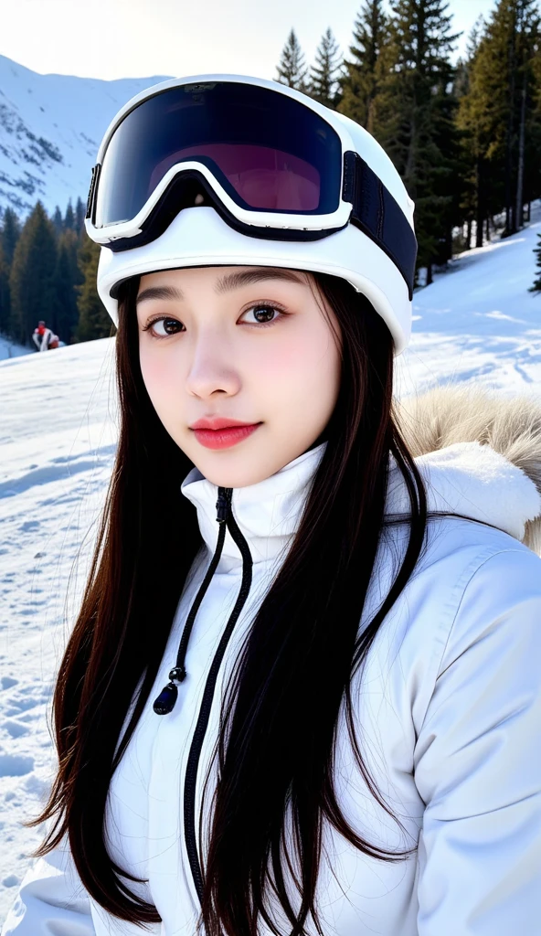  an elegant beautiful young woman with smooth luminous white skin wearing winter sportswear,  specifically a white ski jacket with a fur-lined hood and goggles Home .  They have long black hair and are wearing makeup including red lipstick .  Background shows snow landscape with trees , shows winter scene ,  likely to be in a ski resort or mountainous area .  There is no text in the image .